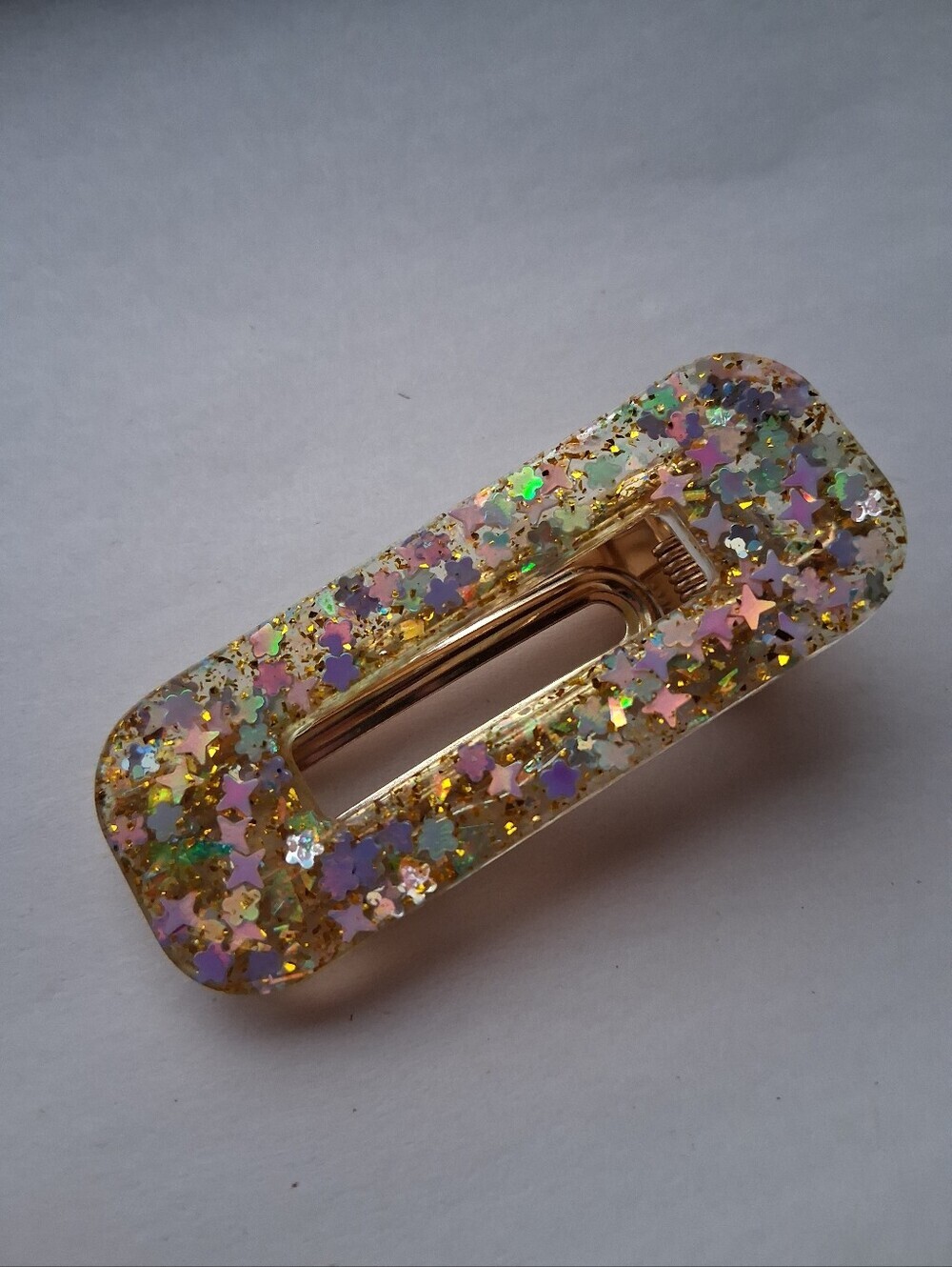5/$25 Hand Crafted Gold and Iridescent Star Confetti Resin Hair Clip